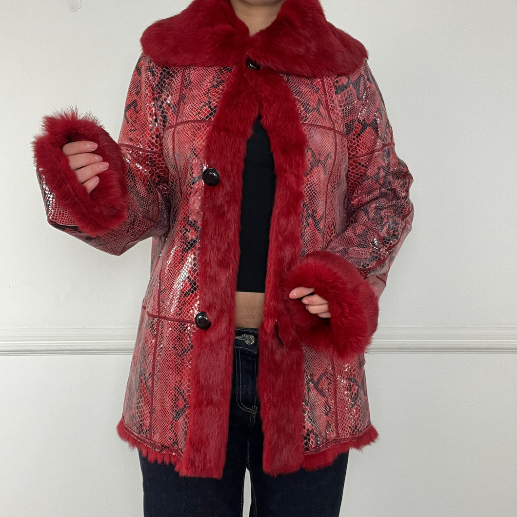 Red snakeskin fur afghan coat