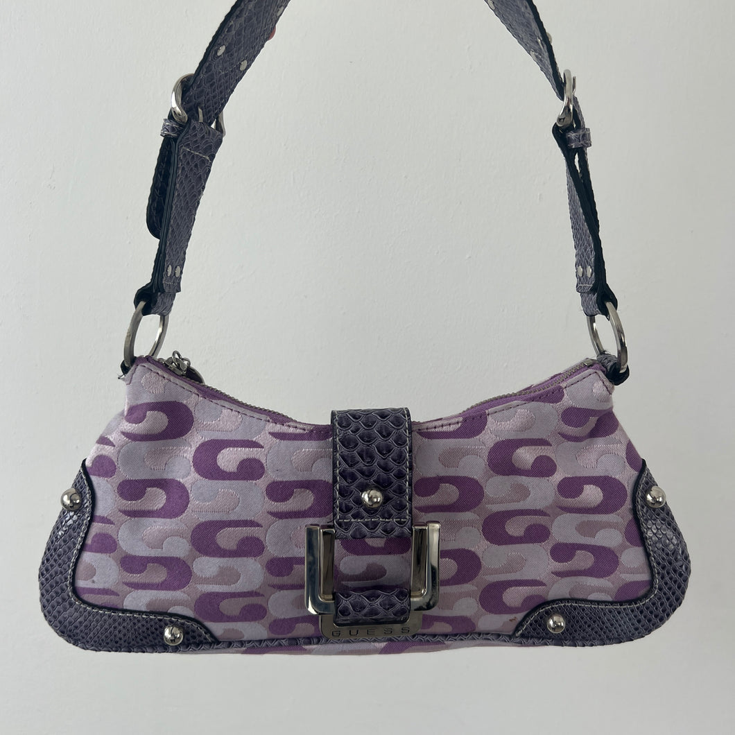 Purple Guess monogram baguette handbag