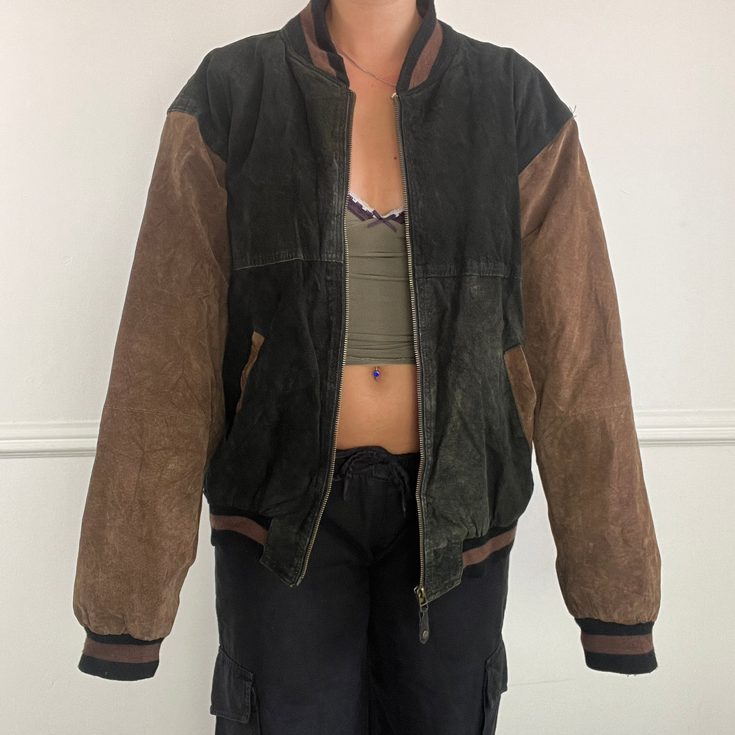 Brown and black bomber jacket