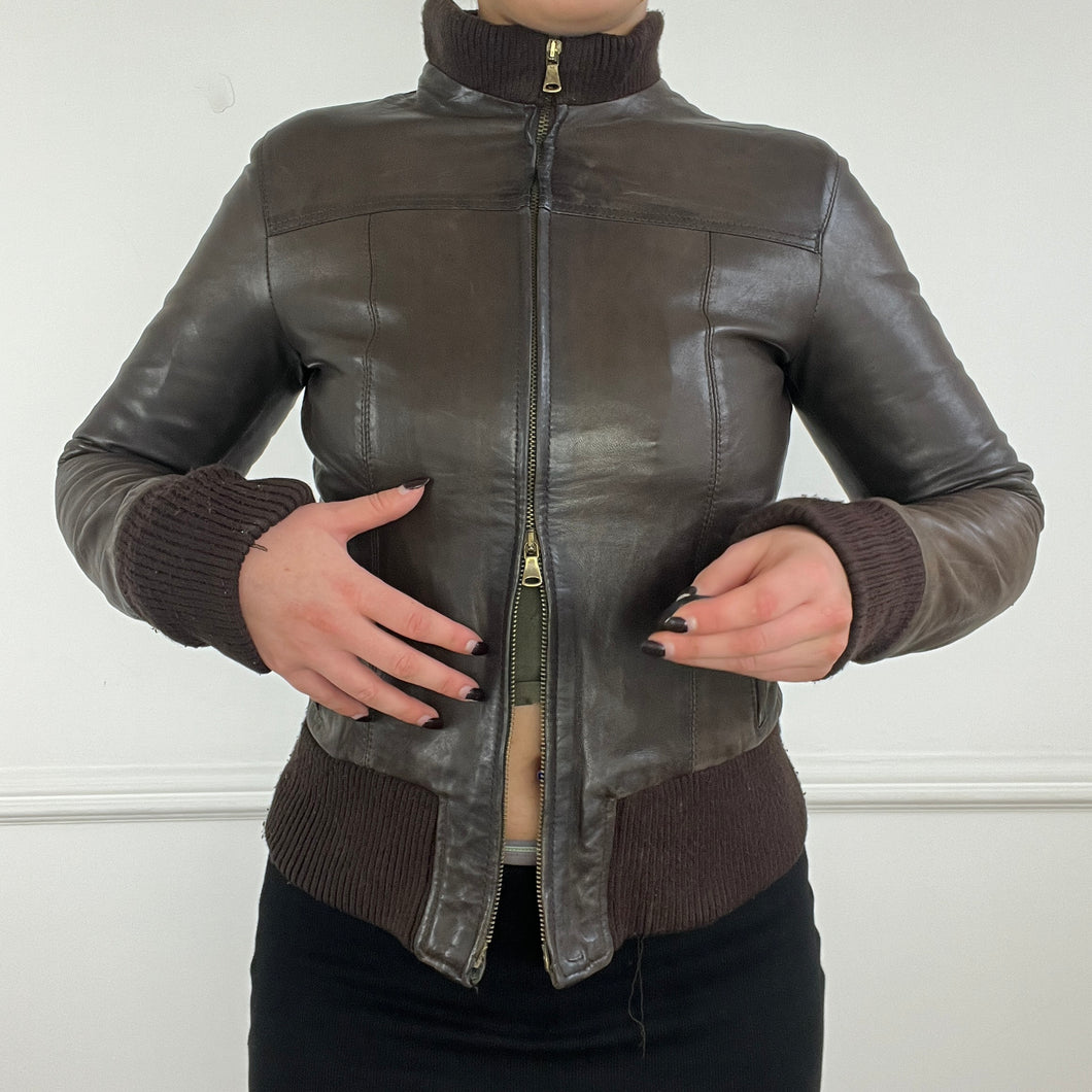 Brown leather bomber jacket