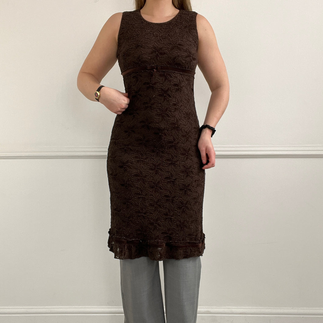 Brown lace mid length stretch dress
