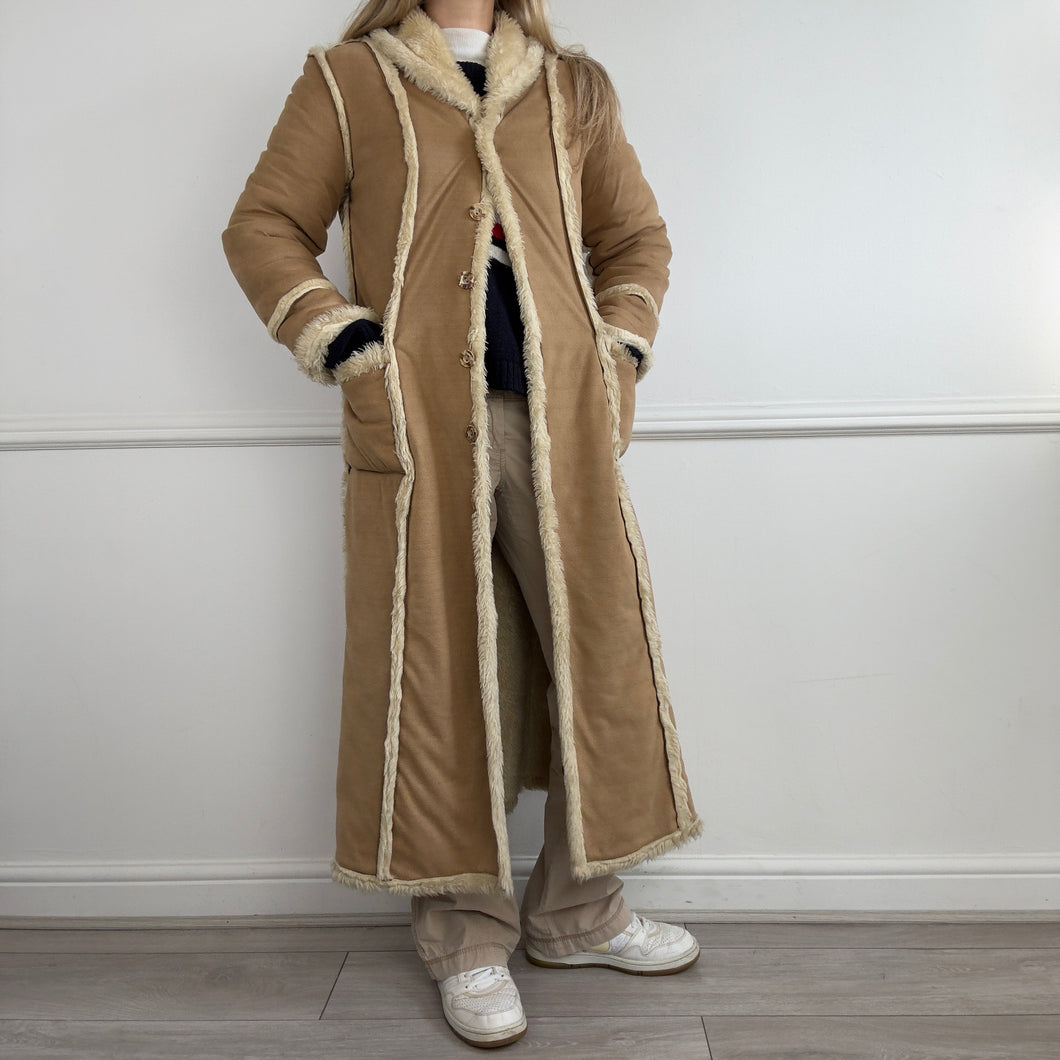 Brown faux fur trim long coat