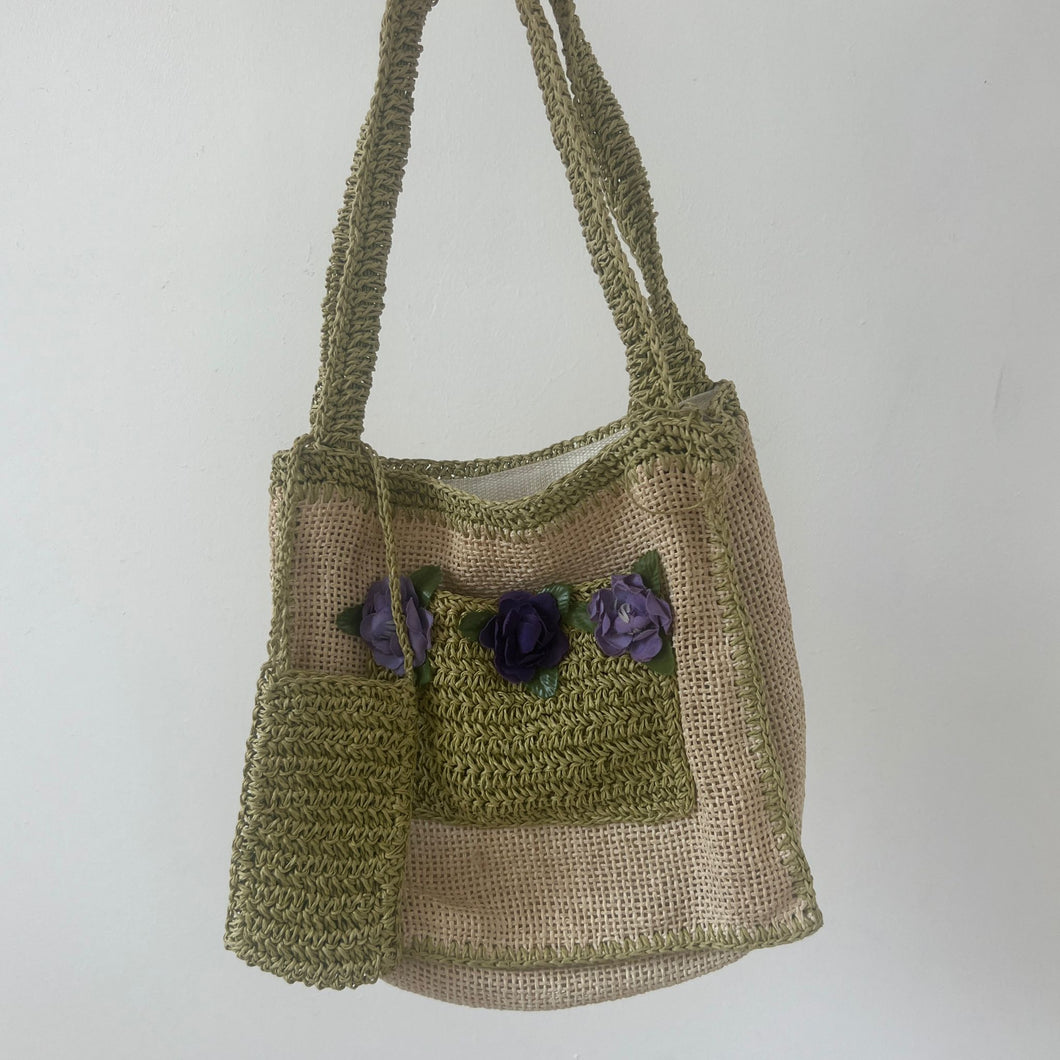 Green + tan crochet handbag